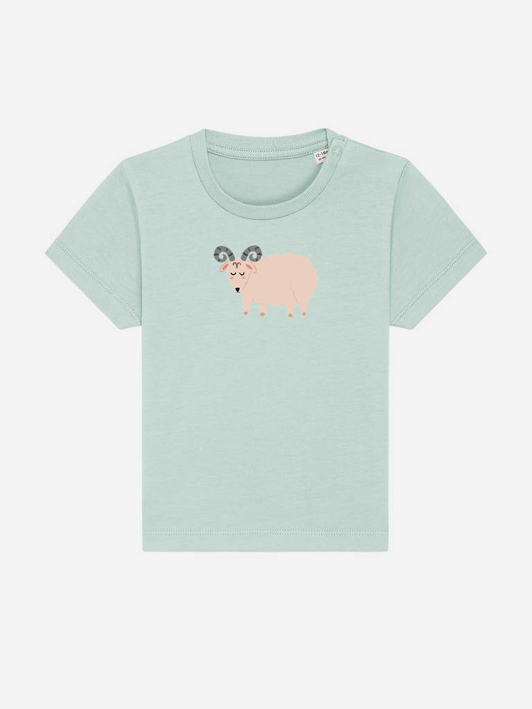 Geschenk für 1-jährige Mädchen & Jungs: Personalisierbares Bio-T-Shirt (0–3 J.) 'Sternzeichen Widder', Frontansicht in Türkis