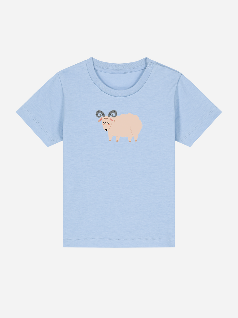 Geschenk für 1-jährige Mädchen & Jungs: Personalisierbares Bio-T-Shirt (0–3 J.) 'Sternzeichen Widder', Frontansicht in Hellblau