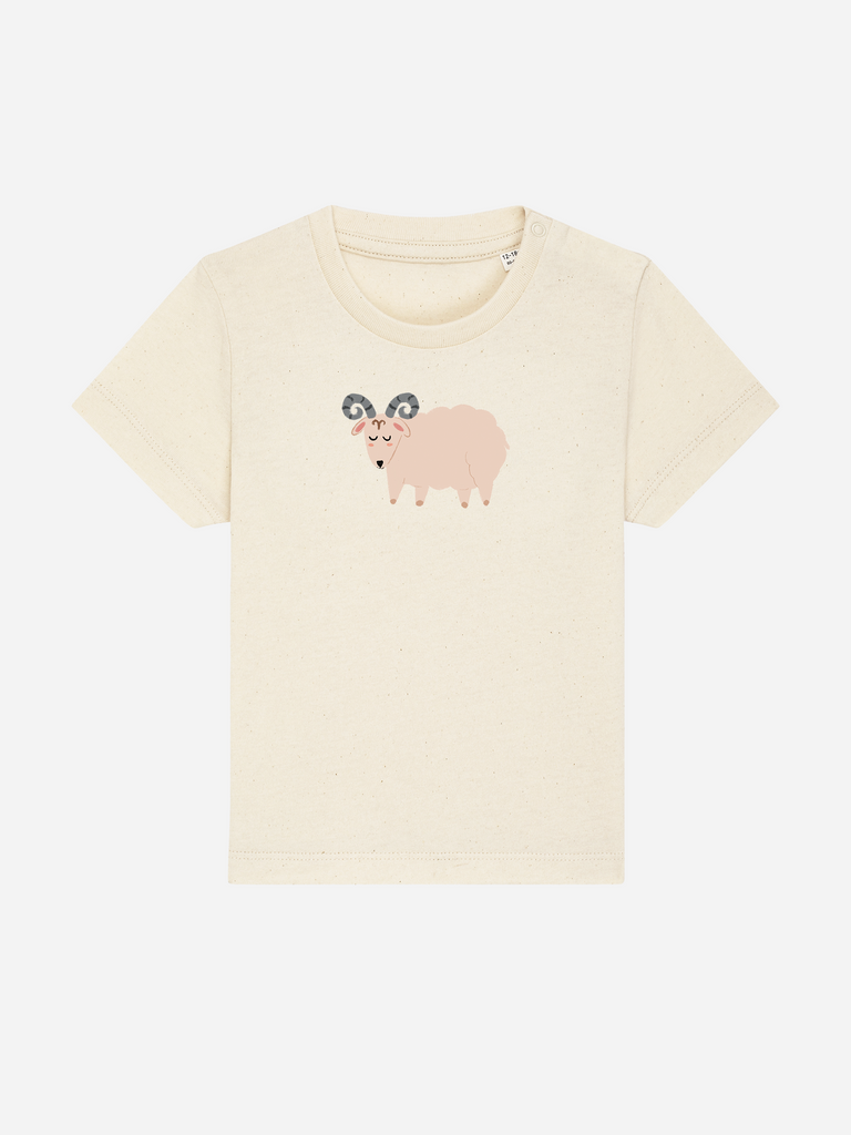 Geschenk für 1-jährige Mädchen & Jungs: Personalisierbares Bio-T-Shirt (0–3 J.) 'Sternzeichen Widder', Frontansicht in Beige