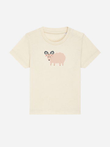 Geschenk für 1-jährige Mädchen & Jungs: Personalisierbares Bio-T-Shirt (0–3 J.) 'Sternzeichen Widder', Frontansicht in Beige