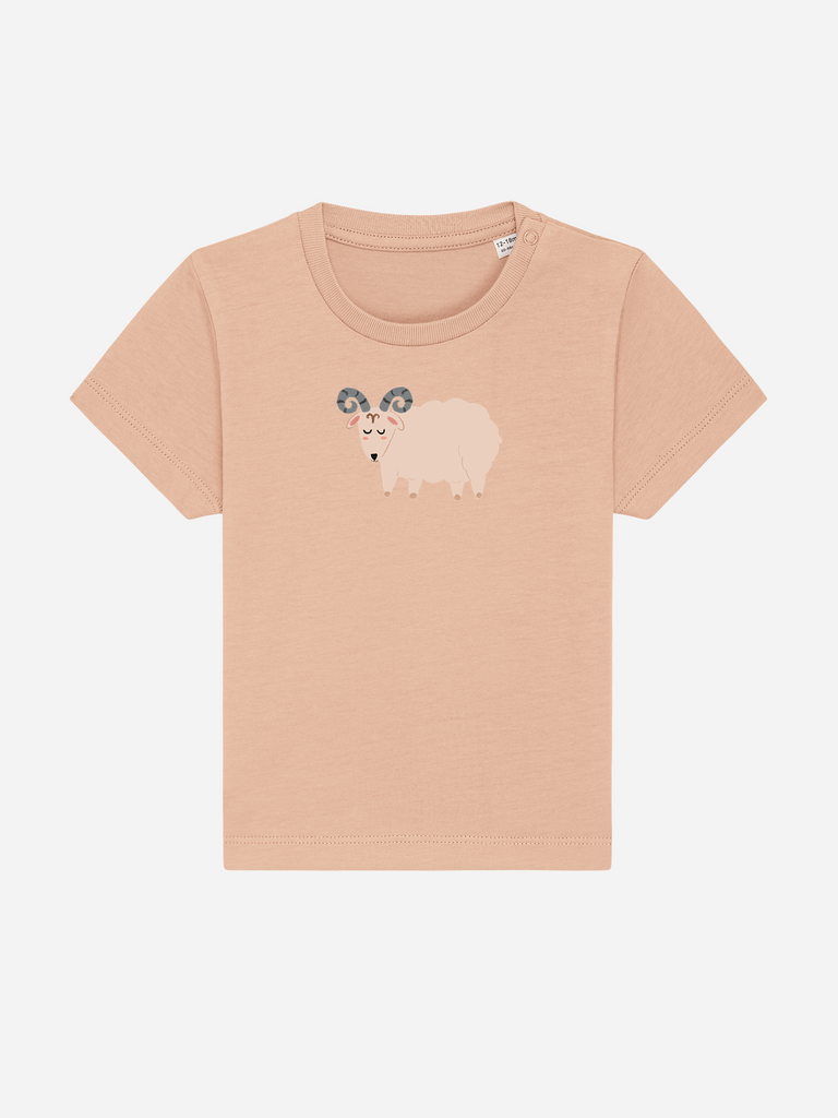 Geschenk für 1-jährige Mädchen & Jungs: Personalisierbares Bio-T-Shirt (0–3 J.) 'Sternzeichen Widder', Frontansicht in Orange