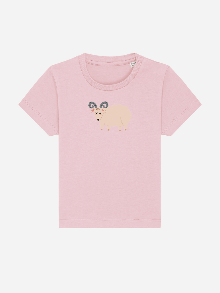 Geschenk für 1-jährige Mädchen & Jungs: Personalisierbares Bio-T-Shirt (0–3 J.) 'Sternzeichen Widder', Frontansicht in Rosa
