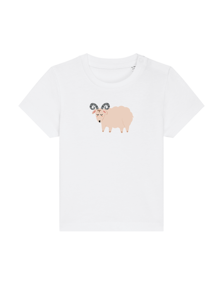 Geschenk für 1-jährige Mädchen & Jungs: Personalisierbares Bio-T-Shirt (0–3 J.) 'Sternzeichen Widder', Frontansicht in Weiß