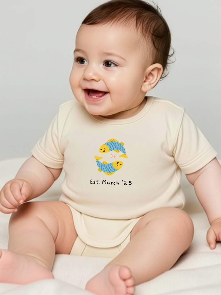 Unvergessliches Geschenk zum 2. Geburtstag: Tragebild vom personalisierten Baby-Body mit Sternzeichen Fische in 8 Farben erhältlich bei Liebe & Geschenke.
