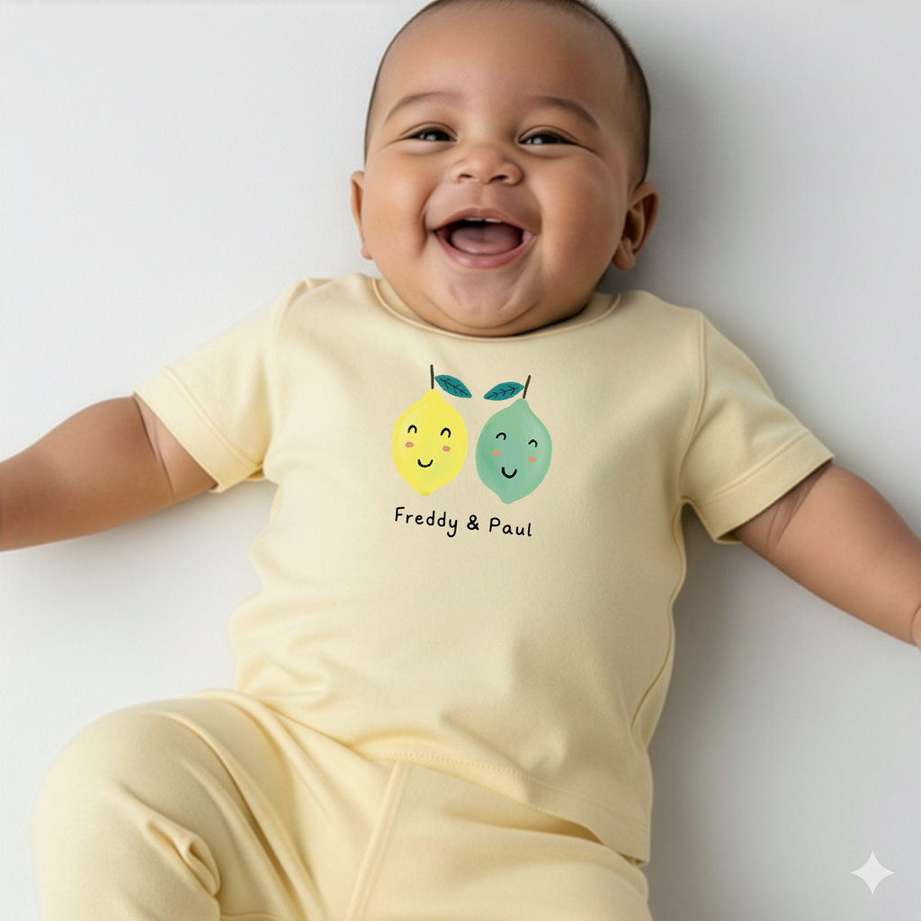 Witziges Babygeschenk für Zwillinge: Personalisierbares Bio-T-Shirt in 8 Farben erhältlich auf liebeundgeschenke.de.