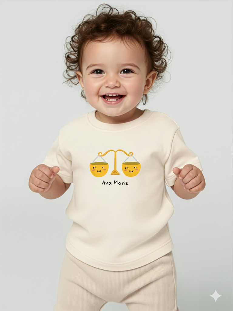 Zum 1. Geburtstag: Tragebild: Personalisierbares Bio-T-Shirt mit Sternzeichen Waage in 8 Farben erhältlich bei Liebe & Geschenke.